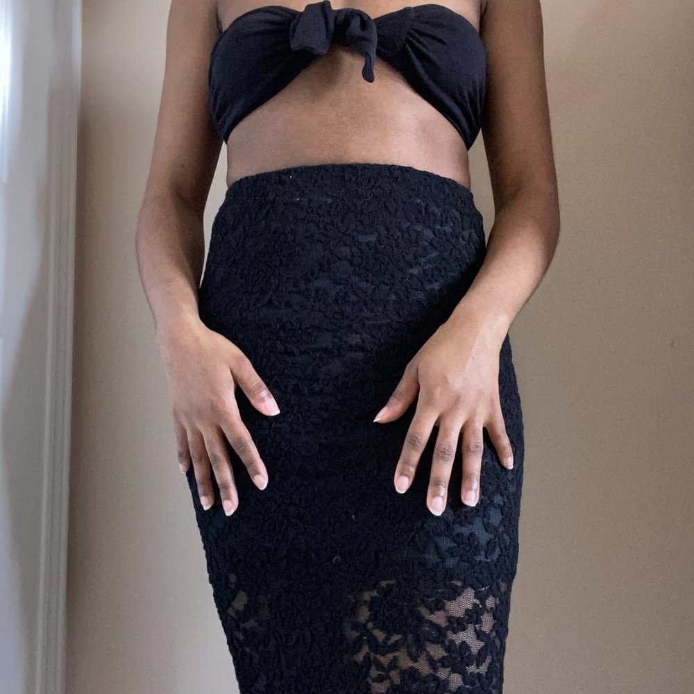 Sheer Black Lace Midi Skirt